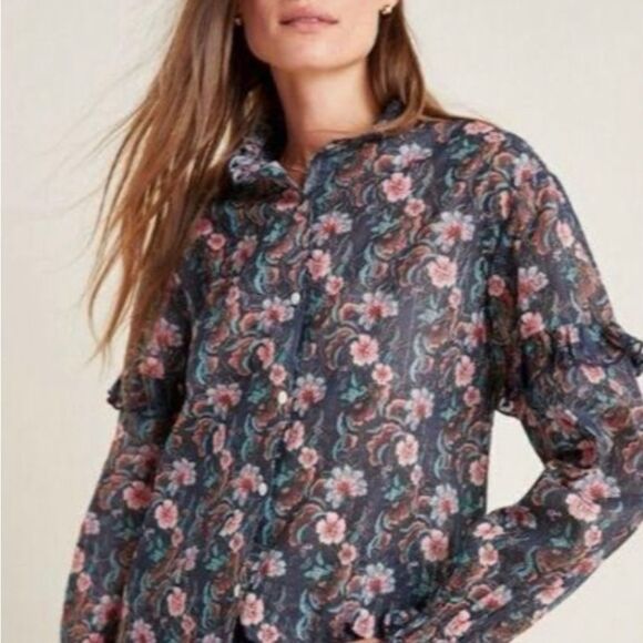 Louise Misha floral Button Front Long Sleeve Ruffle blouse - Picture 2 of 15